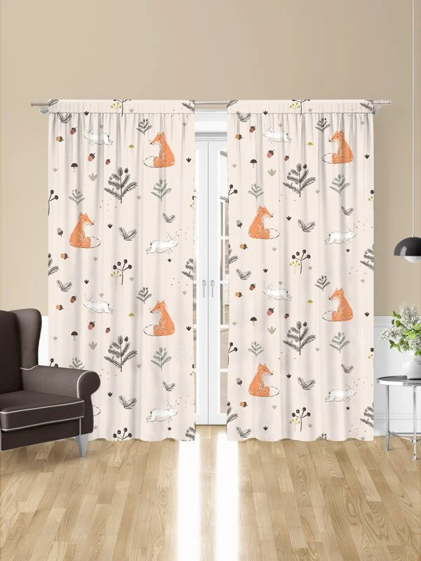 ผ้าม่าน จิ้งจอก & พิมพ์ลาย พืช 2 ชิ้น  029