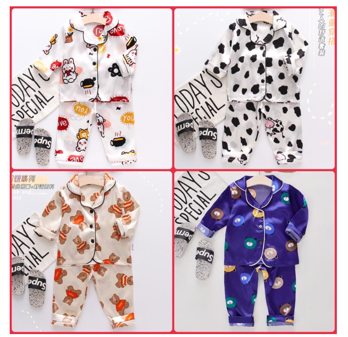 SA99>ชุดนอนเด็ก ขายาวแขนยาว ผ้าซาติน มีของพร้อมส่งจากไทย